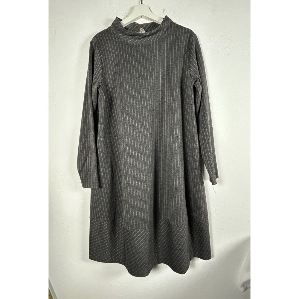 Margaret E Co. Womens Pinstripe Long-Sleeve Dress Size Large Black White Stretch